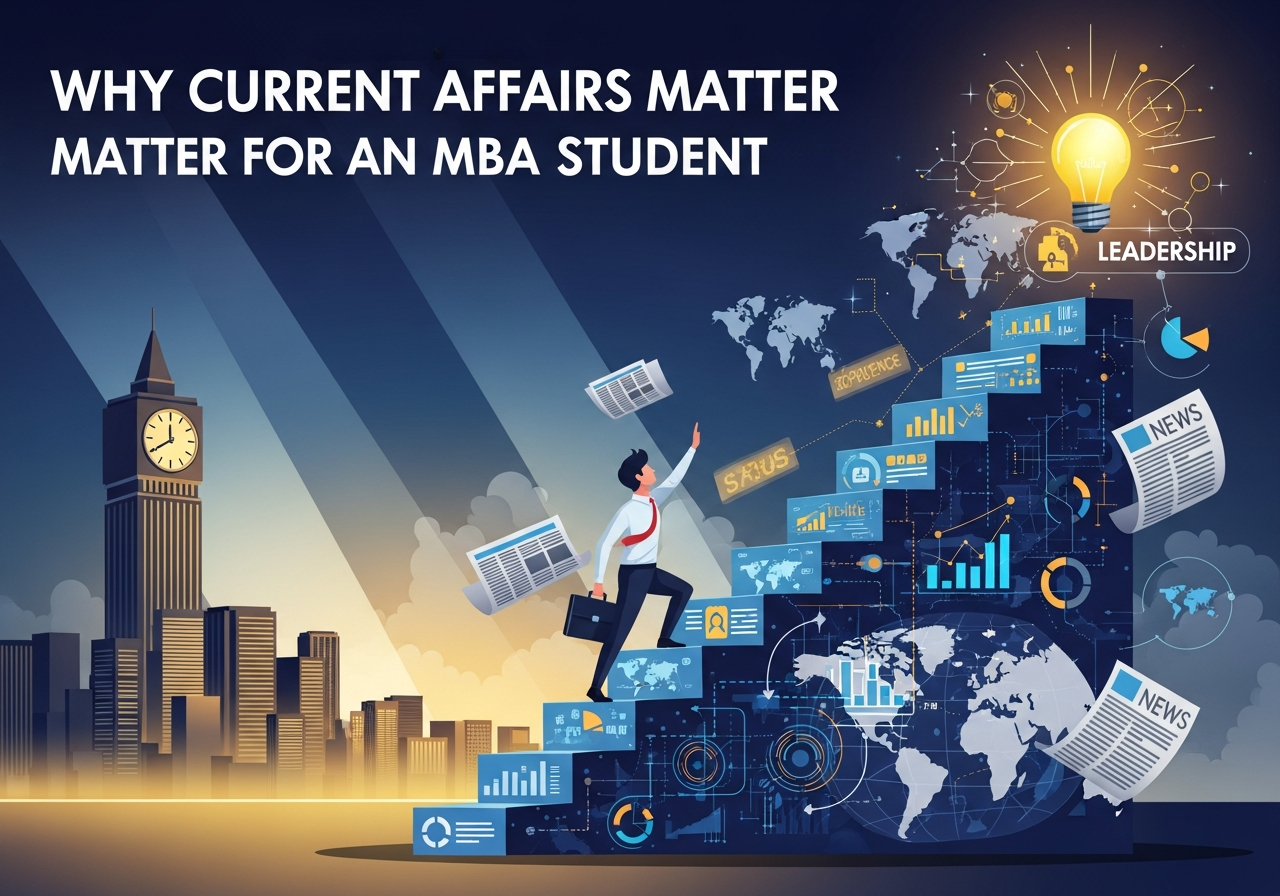 Illustration depicting the importance of current affairs for MBA students, showing a professional ascending a conceptual staircase of data, global news, and analytics, symbolizing knowledge acquisition, strategic awareness, and leadership development through staying informed on global and industry trends.