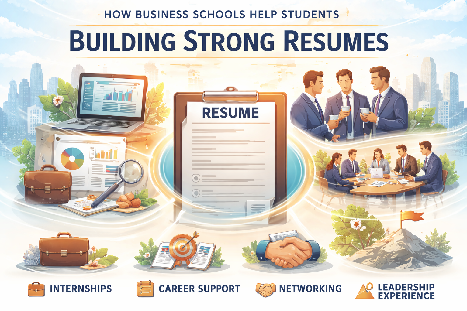 Light corporate thumbnail with a central resume, business icons, charts, handshake, and “Building Strong Resumes” text on a soft city background.
