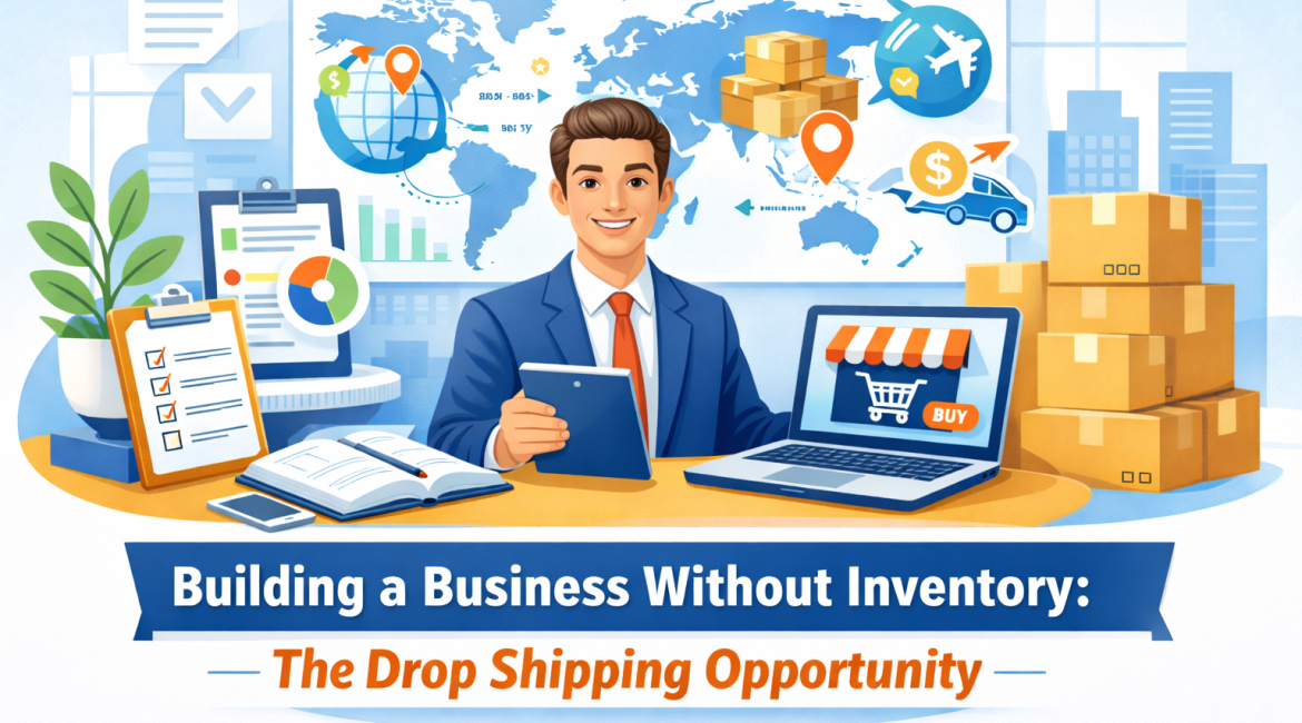 A businessman managing global drop shipping business with online sales and shipping.
