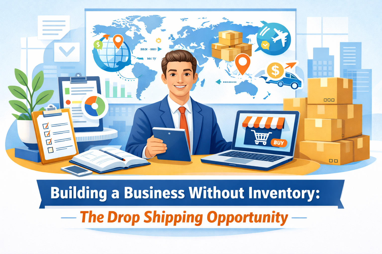 A businessman managing global drop shipping business with online sales and shipping.