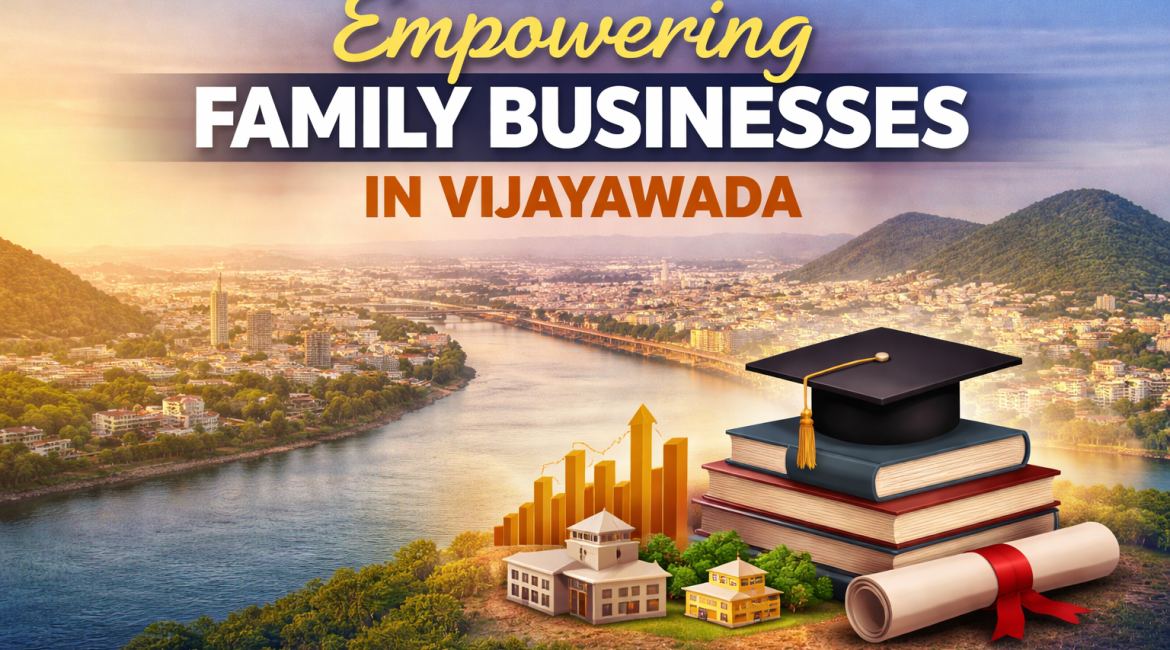 Empowering family businesses in Vijayawada with education, growth icons, books, and cityscape background representing entrepreneurship and leadership development
