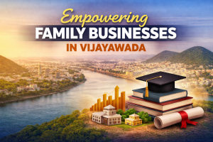 Empowering family businesses in Vijayawada with education, growth icons, books, and cityscape background representing entrepreneurship and leadership development