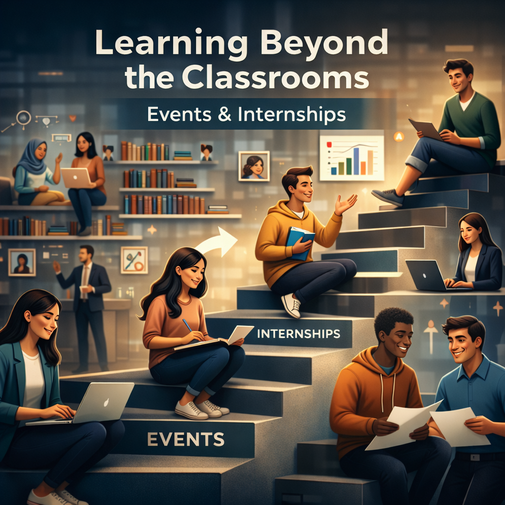 Students advancing through events and internships, representing learning beyond the classroom and career growth.