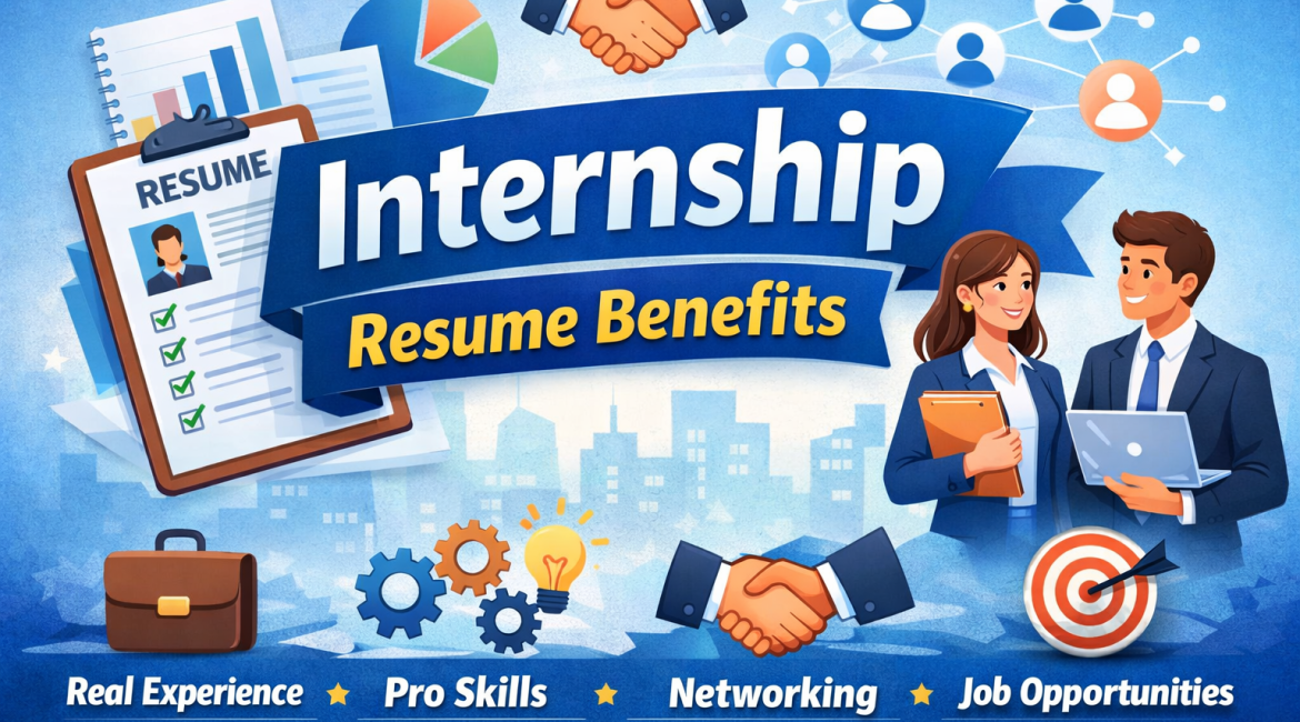 Illustration showing internship resume benefits with resume, networking, professional skills, and job opportunities.