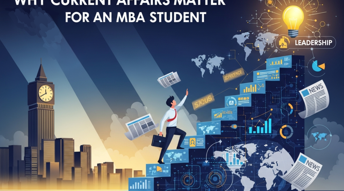 Illustration depicting the importance of current affairs for MBA students, showing a professional ascending a conceptual staircase of data, global news, and analytics, symbolizing knowledge acquisition, strategic awareness, and leadership development through staying informed on global and industry trends.