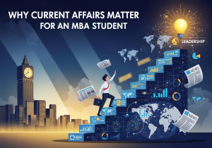 Illustration depicting the importance of current affairs for MBA students, showing a professional ascending a conceptual staircase of data, global news, and analytics, symbolizing knowledge acquisition, strategic awareness, and leadership development through staying informed on global and industry trends.