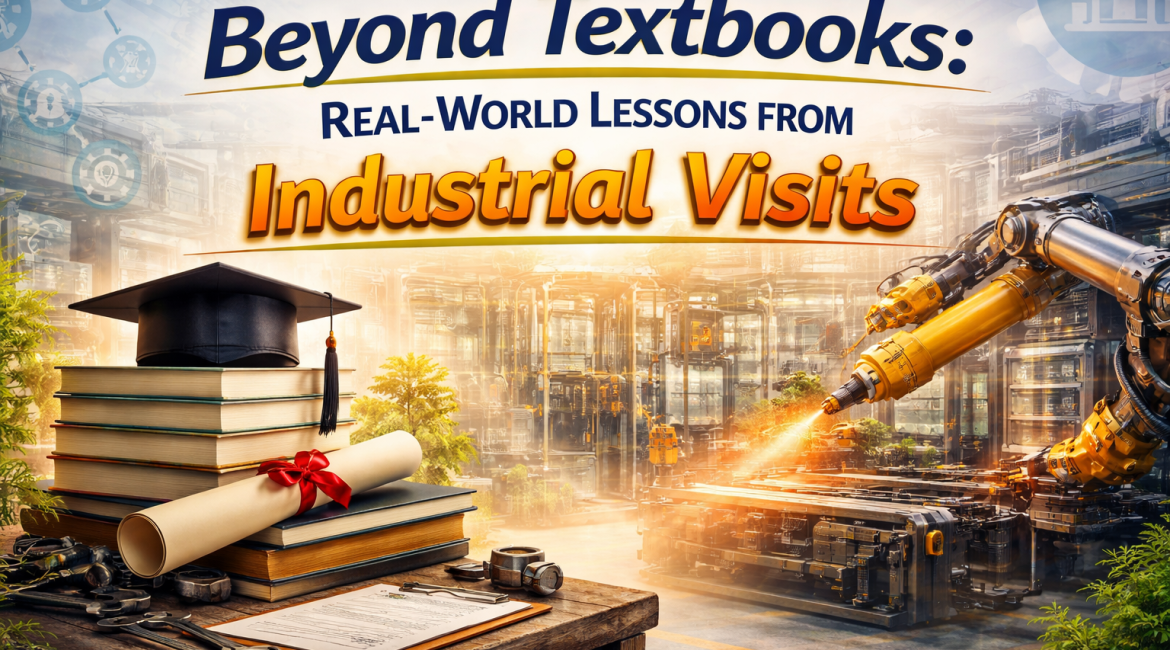 Industrial visits concept showing real world learning with factory machinery, robotic arm, books, and graduation cap representing practical education