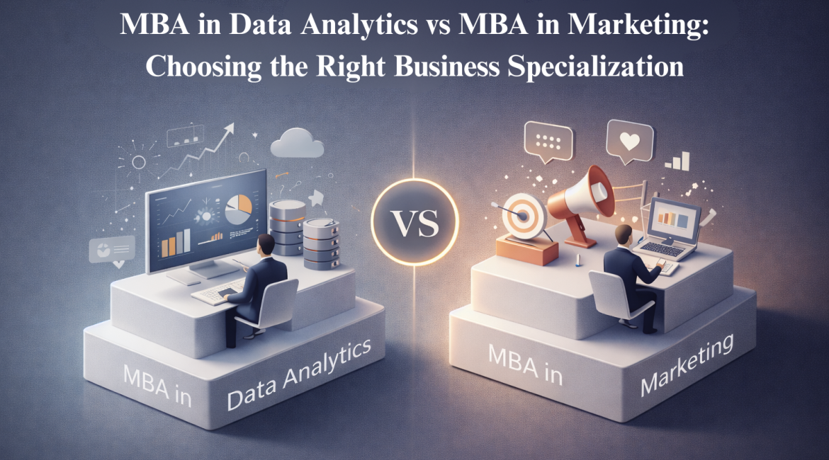 3D illustration comparing MBA Data Analytics vs Marketing with professionals working in analytics and marketing environments side by side