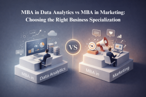 3D illustration comparing MBA Data Analytics vs Marketing with professionals working in analytics and marketing environments side by side