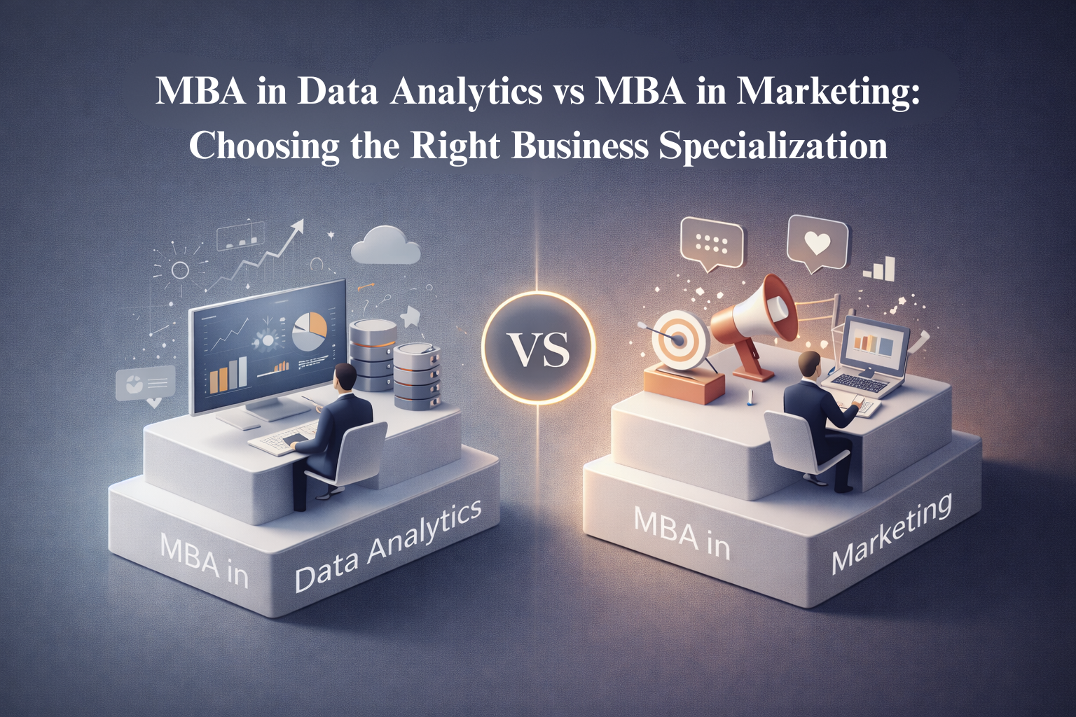 3D illustration comparing MBA Data Analytics vs Marketing with professionals working in analytics and marketing environments side by side
