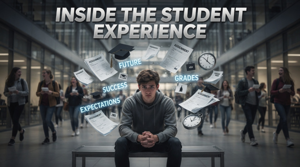 Student life struggles shown through a thoughtful student sitting alone with pressure about studies, career