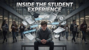 Student life struggles shown through a thoughtful student sitting alone with pressure about studies, career