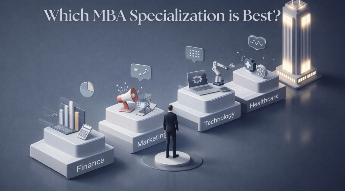 Minimal 3D illustration showing a professional choosing between finance, marketing, technology, and healthcare platforms representing MBA Specialization Choice