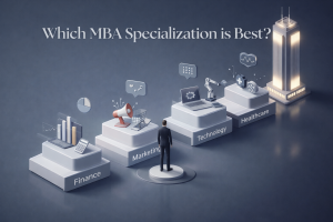 Minimal 3D illustration showing a professional choosing between finance, marketing, technology, and healthcare platforms representing MBA Specialization Choice