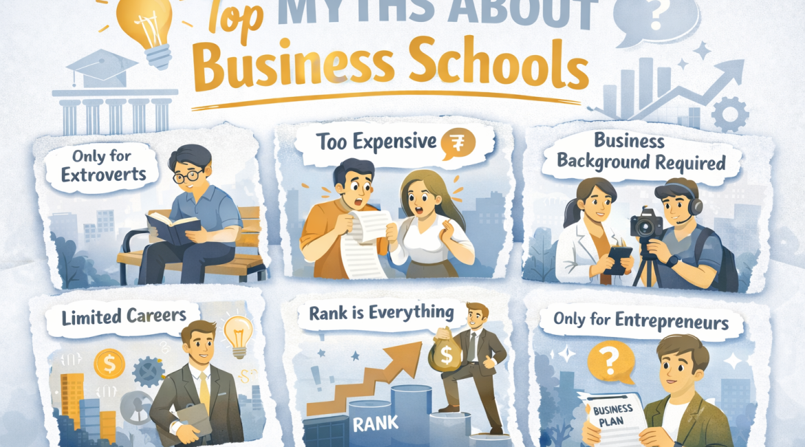 Infographic on MBA in India popularity highlighting top myths about business schools including cost, careers, and background requirements