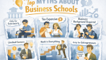 Infographic on MBA in India popularity highlighting top myths about business schools including cost, careers, and background requirements