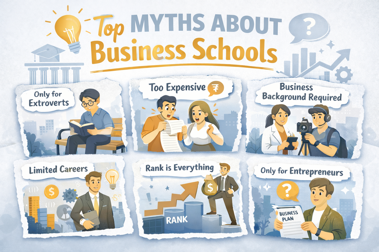 Infographic on MBA in India popularity highlighting top myths about business schools including cost, careers, and background requirements
