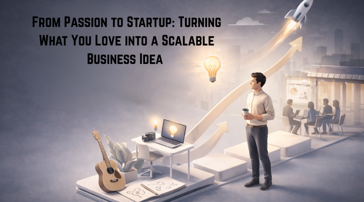Minimal 3D illustration of a man standing on steps symbolizing growth from passion to startup, with a rocket launch, workspace, and the title “From Passion to Startup: Turning What You Love into a Scalable Business Idea.”