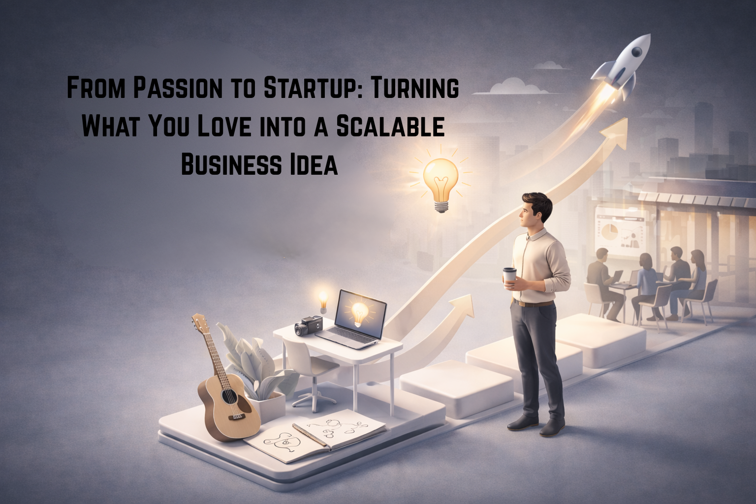 Minimal 3D illustration of a man standing on steps symbolizing growth from passion to startup, with a rocket launch, workspace, and the title “From Passion to Startup: Turning What You Love into a Scalable Business Idea.”