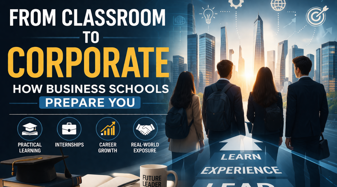 Students transitioning from classroom learning to corporate careers with focus on internships and practical skills