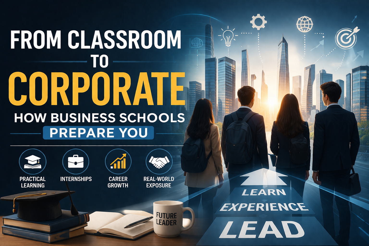 Students transitioning from classroom learning to corporate careers with focus on internships and practical skills