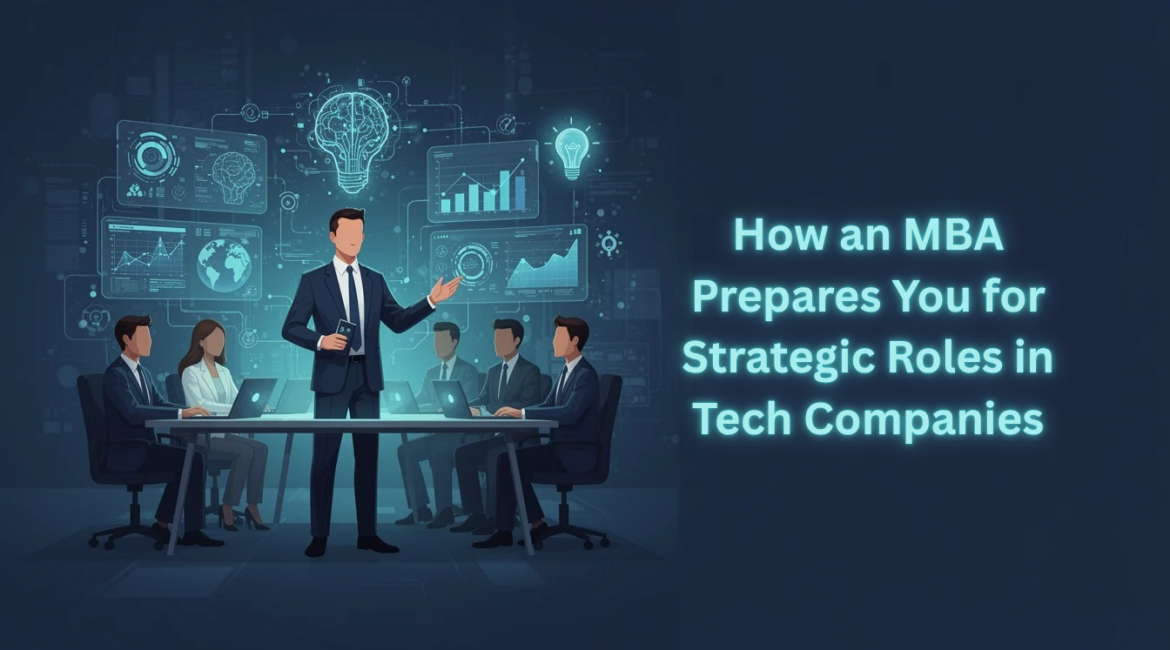 Technology Driven Economy illustration showing MBA leader presenting data insights to team in modern tech business environment