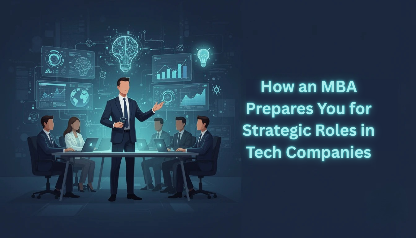 Technology Driven Economy illustration showing MBA leader presenting data insights to team in modern tech business environment