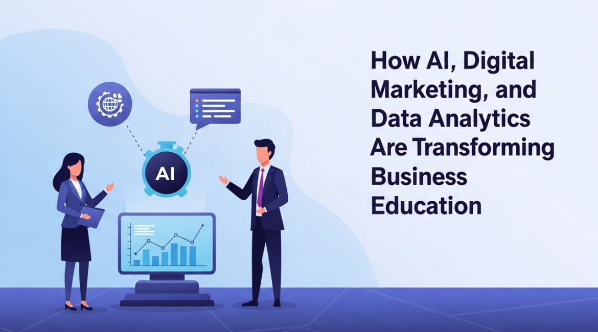 AI in Business Education thumbnail showing minimal futuristic classroom with analytics, AI icons, and clean corporate design