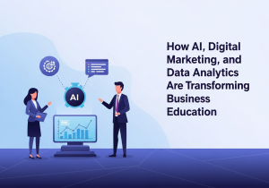 AI in Business Education thumbnail showing minimal futuristic classroom with analytics, AI icons, and clean corporate design