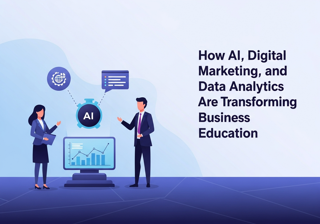 AI in Business Education thumbnail showing minimal futuristic classroom with analytics, AI icons, and clean corporate design
