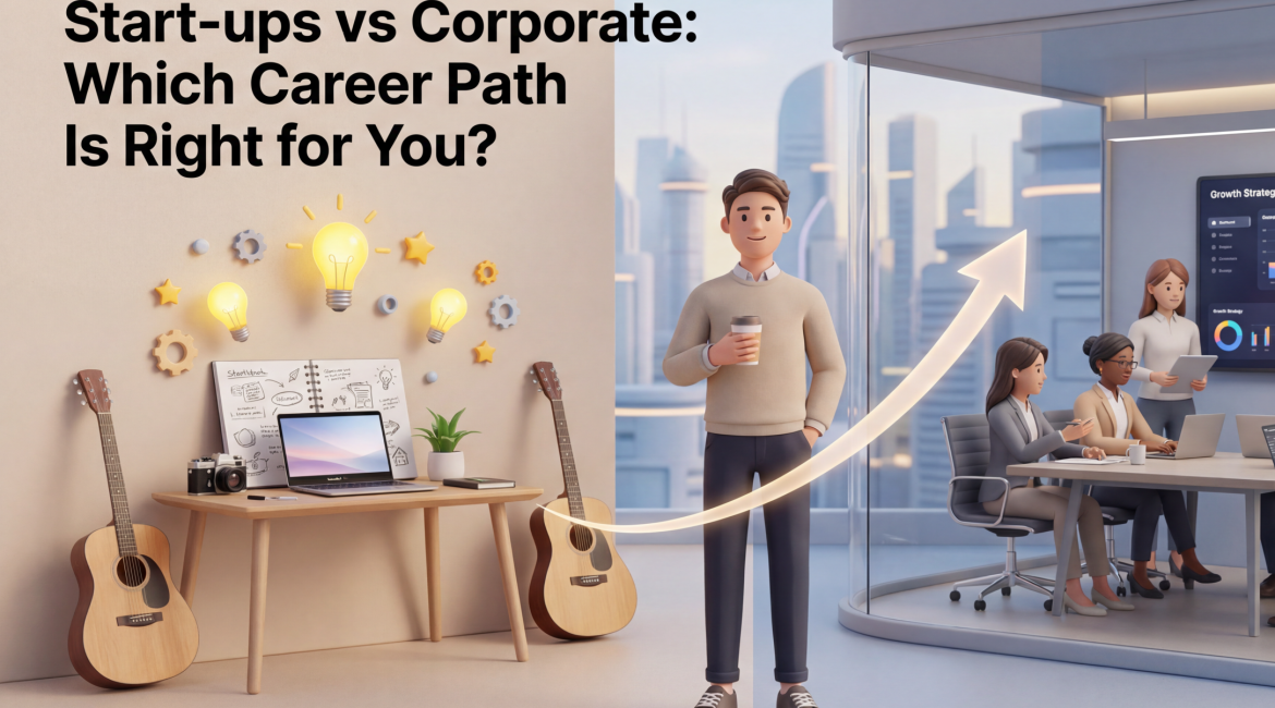 Choosing your career path illustration showing startup vs corporate environments with a professional deciding between creativity and structured growth