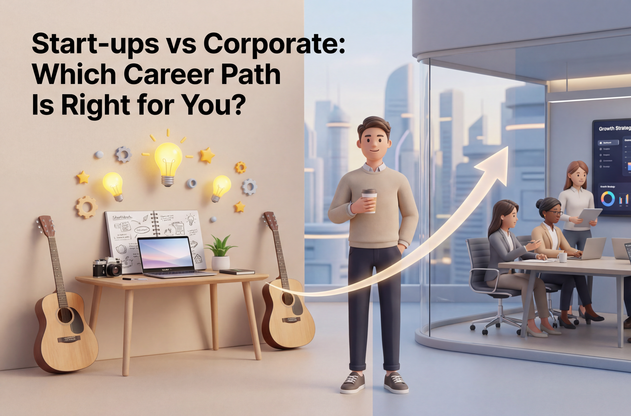 Choosing your career path illustration showing startup vs corporate environments with a professional deciding between creativity and structured growth