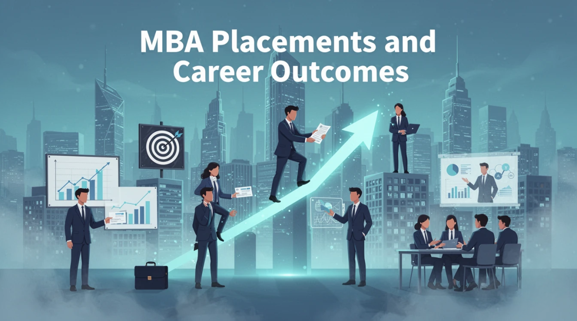 MBA Career Growth illustration showing professionals achieving placements, career progression, and business success in a modern corporate environment