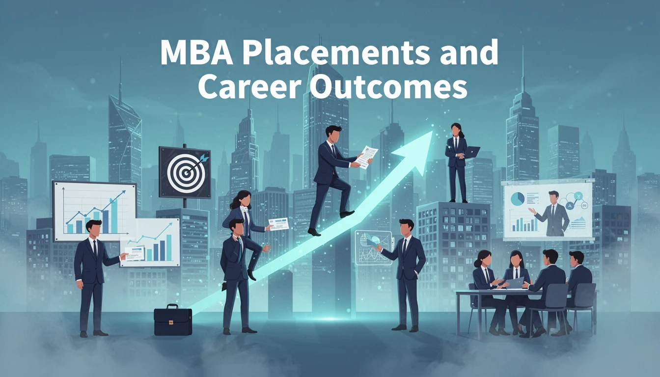 MBA Career Growth illustration showing professionals achieving placements, career progression, and business success in a modern corporate environment