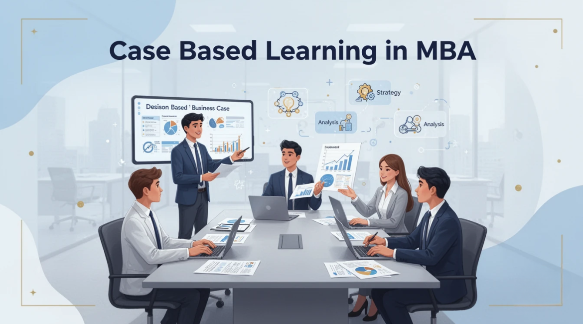 Modern flat illustration of MBA students collaborating in a corporate-style classroom, analyzing a business case with charts, laptops, and a presentation screen, with the title “Case Based Learning in MBA” displayed.