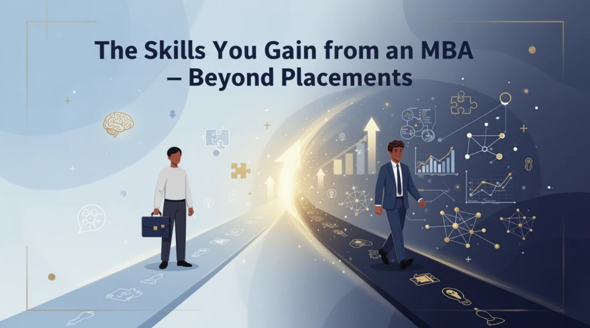 Conceptual illustration of MBA skills showing transformation from job-focused thinking to professional growth beyond placements with business strategy elements.