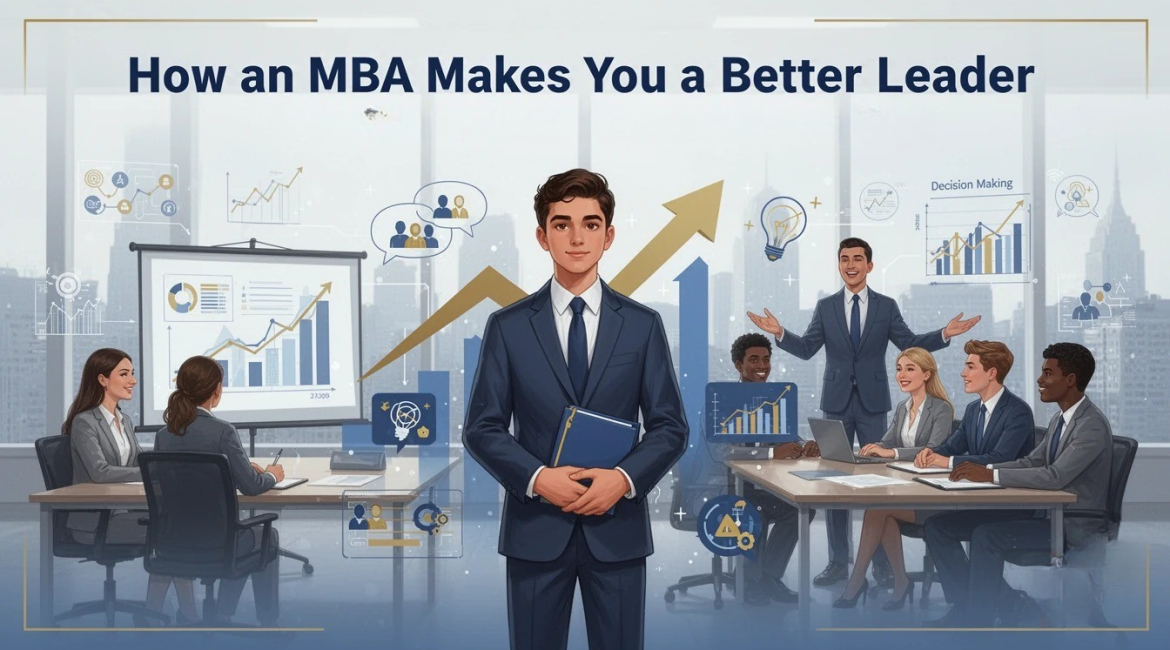 MBA Leadership Program illustration showing student leader with business team, charts, and decision making visuals in modern classroom