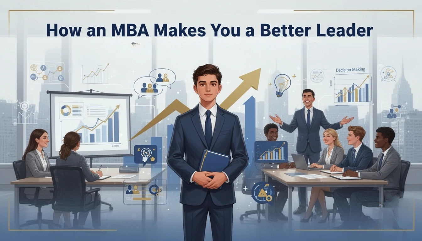 MBA Leadership Program illustration showing student leader with business team, charts, and decision making visuals in modern classroom