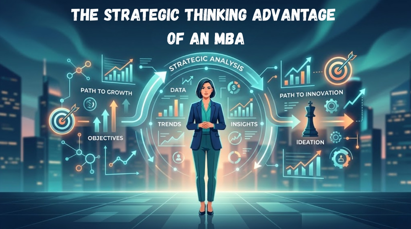 Strategic Thinking in Business illustration showing MBA professional analyzing data, trends, and strategy for business growth