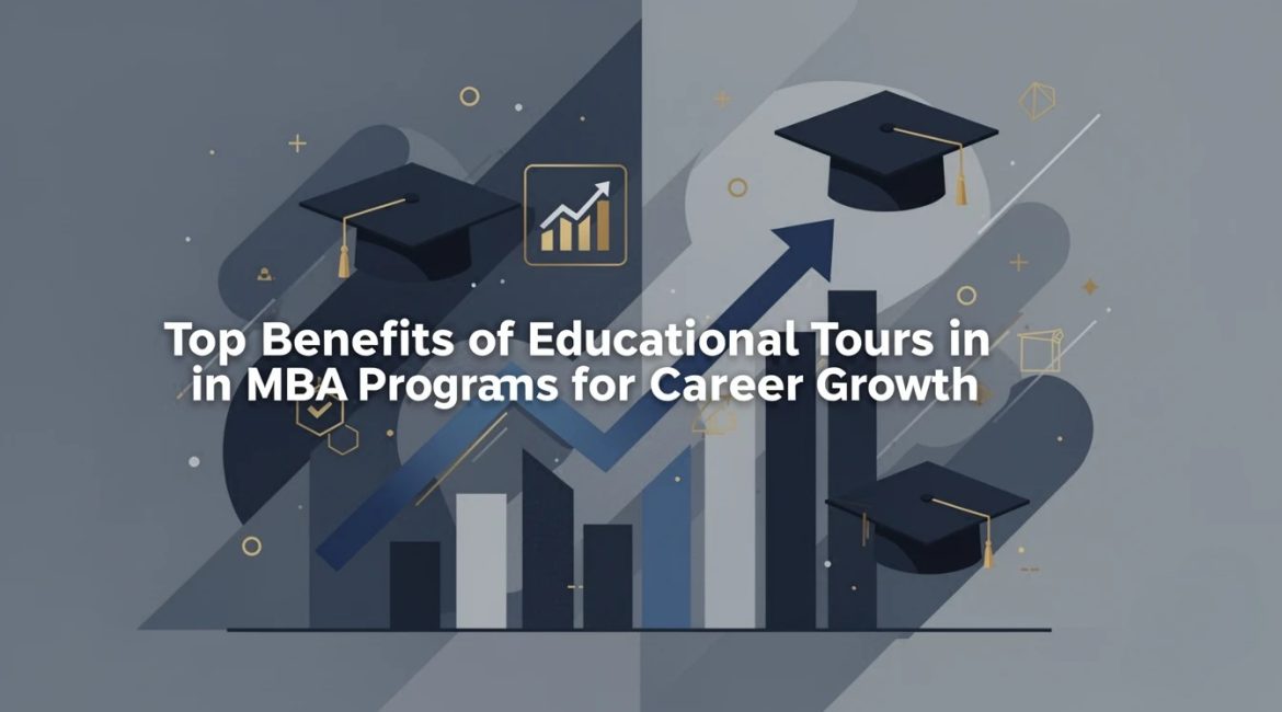 Modern illustration showing MBA Educational Tours concept with graduation caps, rising growth charts, and career development visuals.