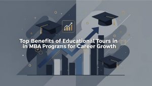 Modern illustration showing MBA Educational Tours concept with graduation caps, rising growth charts, and career development visuals.