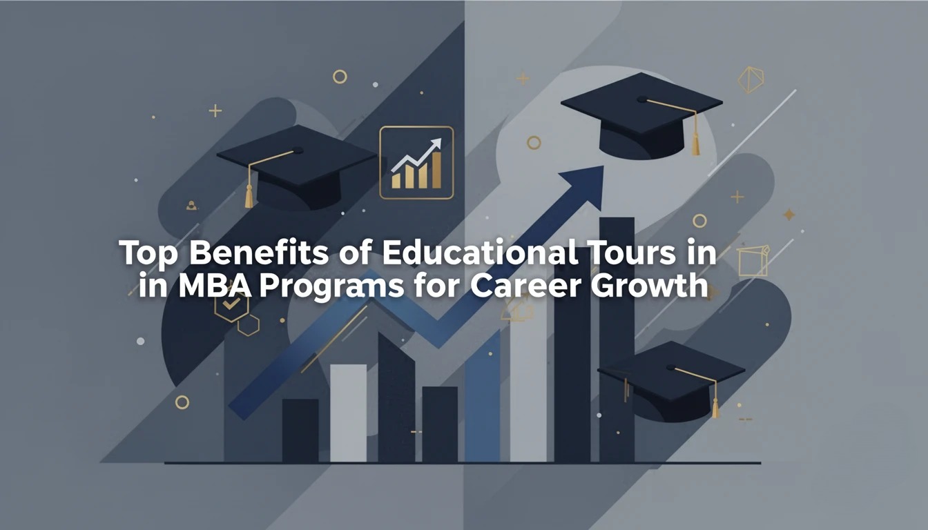 Modern illustration showing MBA Educational Tours concept with graduation caps, rising growth charts, and career development visuals.