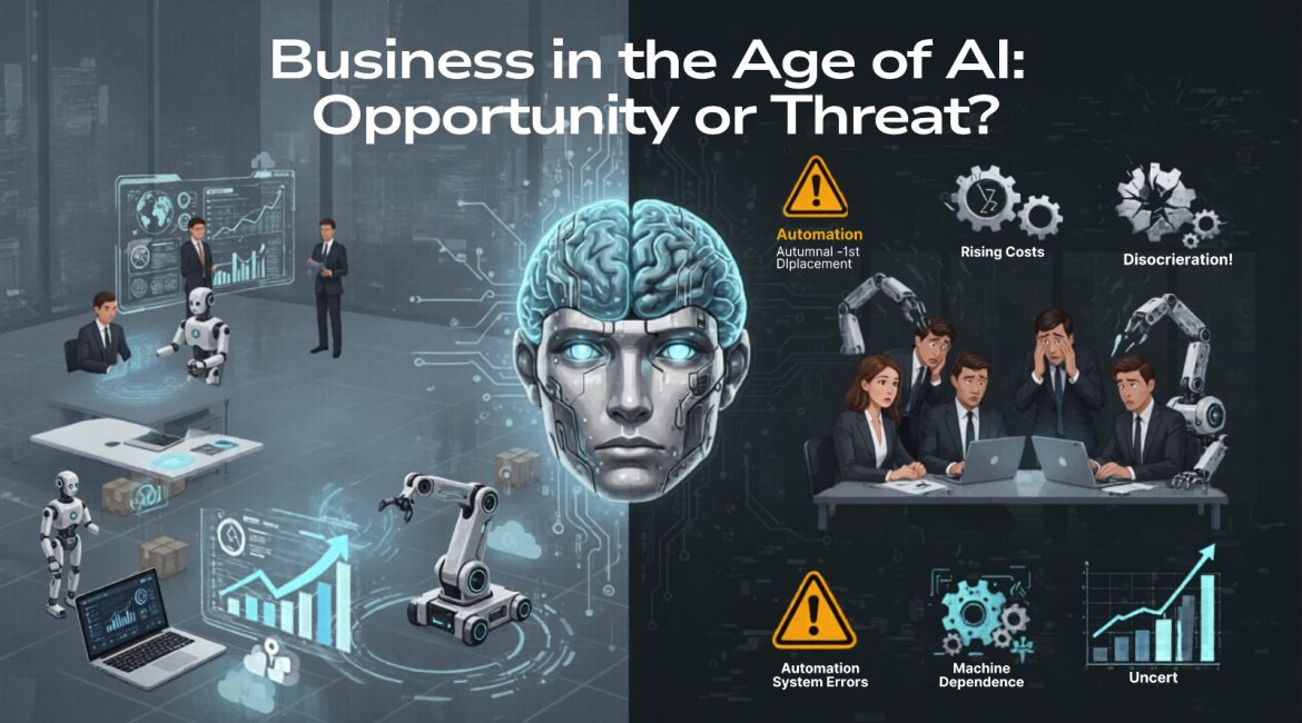 Artificial Intelligence in Business concept image showing automation risks, system errors, and machine dependence in modern companies