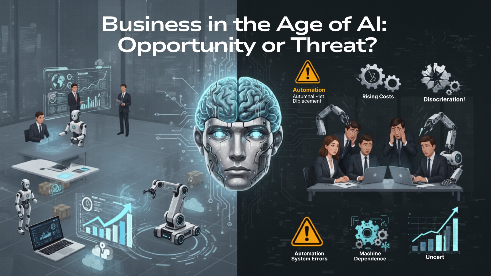 Artificial Intelligence in Business concept image showing automation risks, system errors, and machine dependence in modern companies