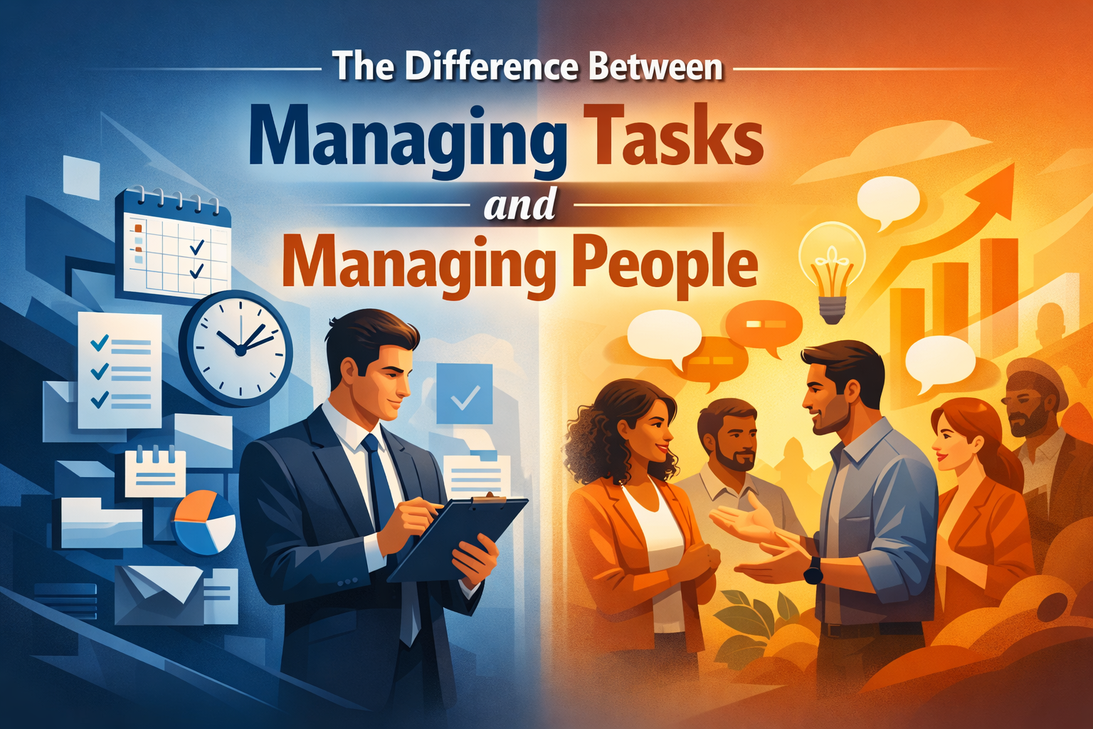 A visual comparison of task-focused efficiency versus people-centered leadership, highlighting the balance needed for effective team success.
